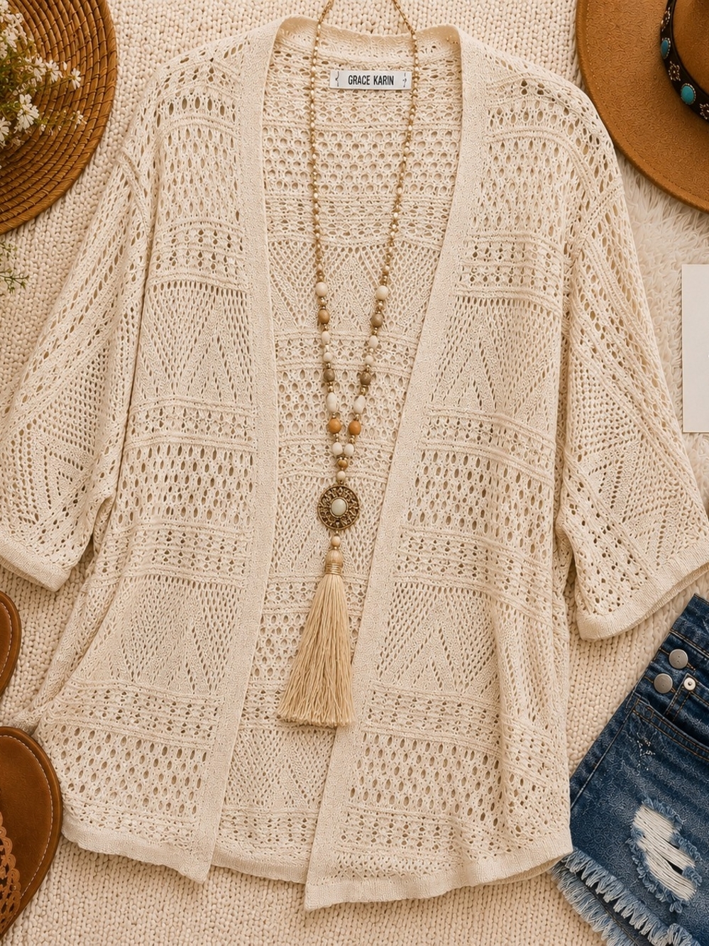 Grace Karin Crochet Boho Cardigan Kimono Cream L